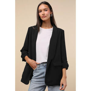 Lulus Superior Aesthetic Black Three-quarter Sleeve Ruched Blazer - Size M
